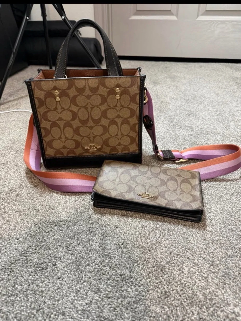 Coach Brown Signature Mini Tote with Pink and Orange Stripe Strap